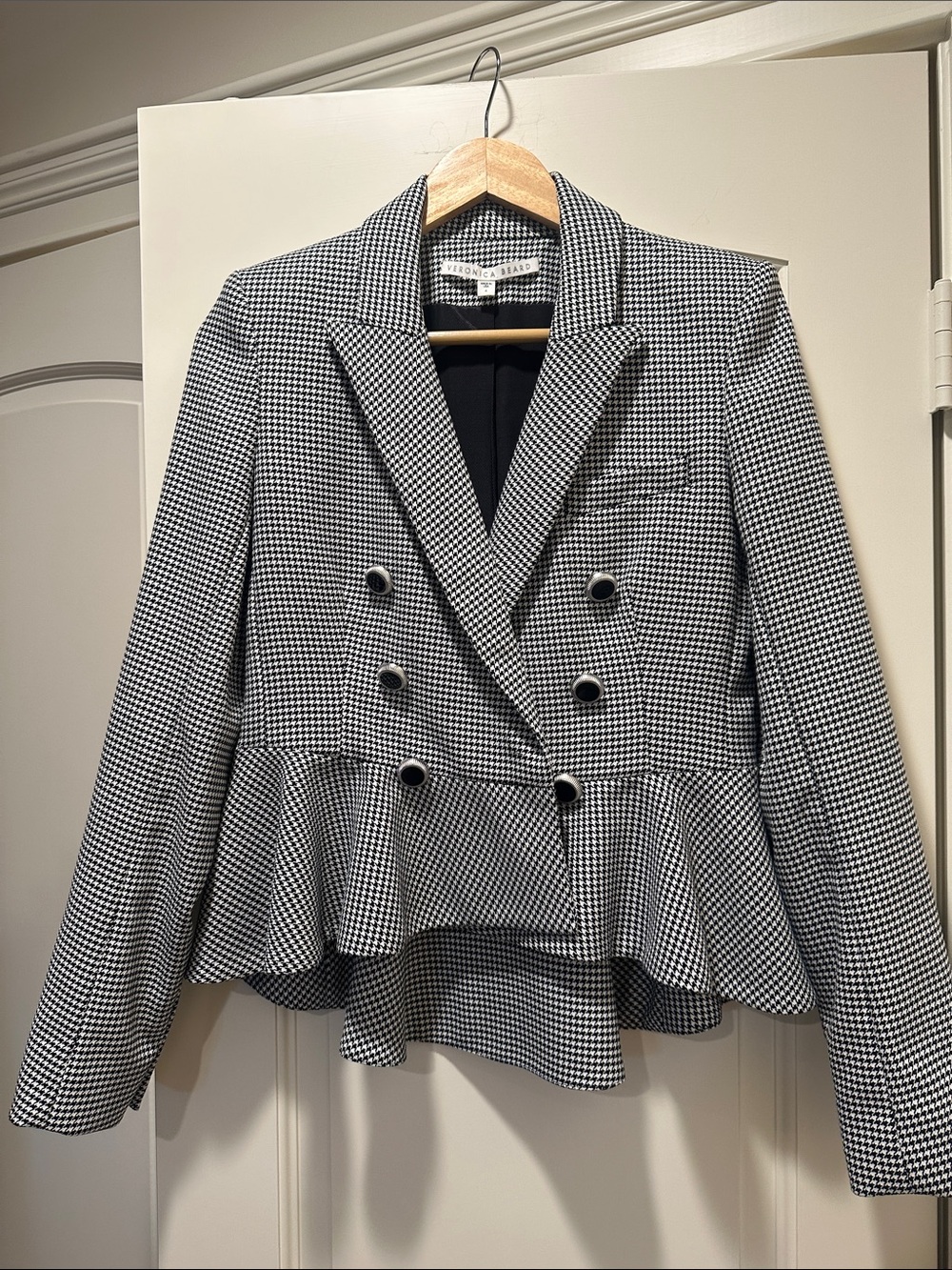 Veronica Beard Black and White Houndstooth Peplum Double-Breasted Blazer